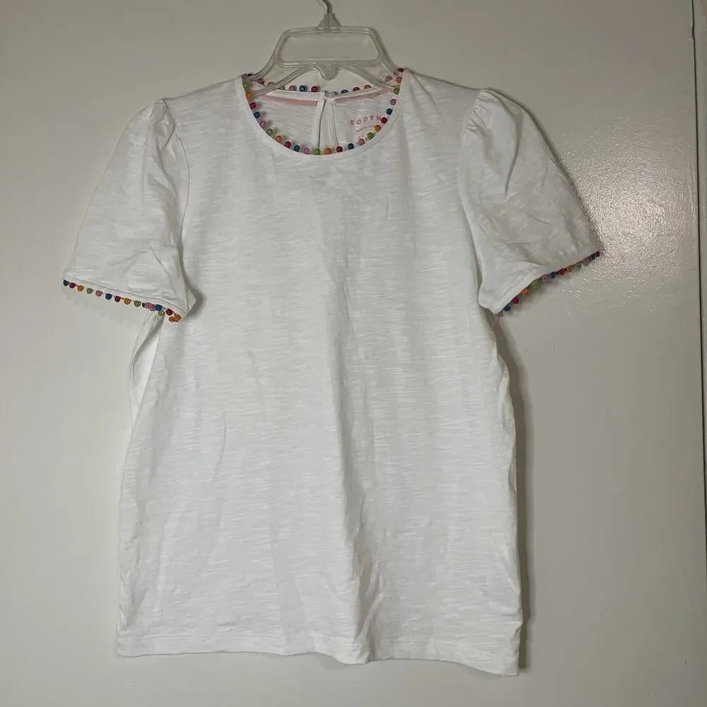 BODEN Ali Puff Sleeve Pom white cotton T-Shirt US 4